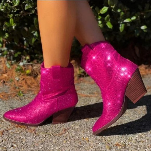 Women Fuchsia Hot Pink Rhinestone Cowboy Western Ankle Short Boots Booties - Picture 1 of 5